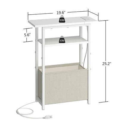 sthmec Narrow Side Table with Charging Station, Small End Table for Small Spaces, Skinny Nightstands with Storage Basket, 3 Tier Sofa Couch Bedside Tables for Living Room,Bedroom, White