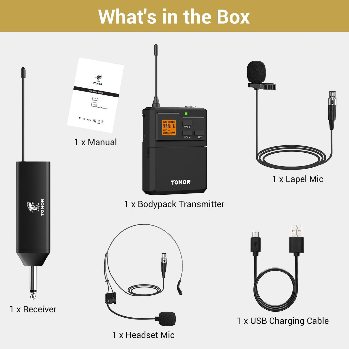 TONOR UHF Wireless Microphone System with Headset Lavalier Lapel Mic, Bodypack Transmitter, Rechargeable Receiver, 15 Channels 60 m/200ft Range 1/4" Output for Recording, 1 Bodypack Mic