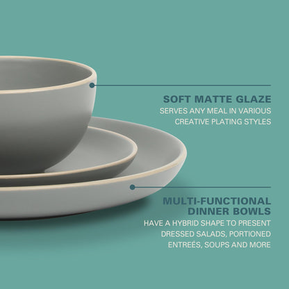 Gibson Home Rockaway 12-Piece Stoneware Dinnerware Set, Matte Finish, Service for 4, Modern Ceramic Plates and Bowls, Microwave & Dishwasher Safe – Soft Gray - Service for 4