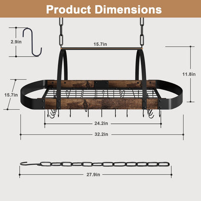 Chloraeon Hanging Pot Rack,32-Inch Ceiling Pot Rack for Kitchen,Space-Saving Pot Hanger with 16 Detachable S Hooks,Sturdy Metal Frame,Industrial Style,for Pot, Pan Storage,Space-Saving