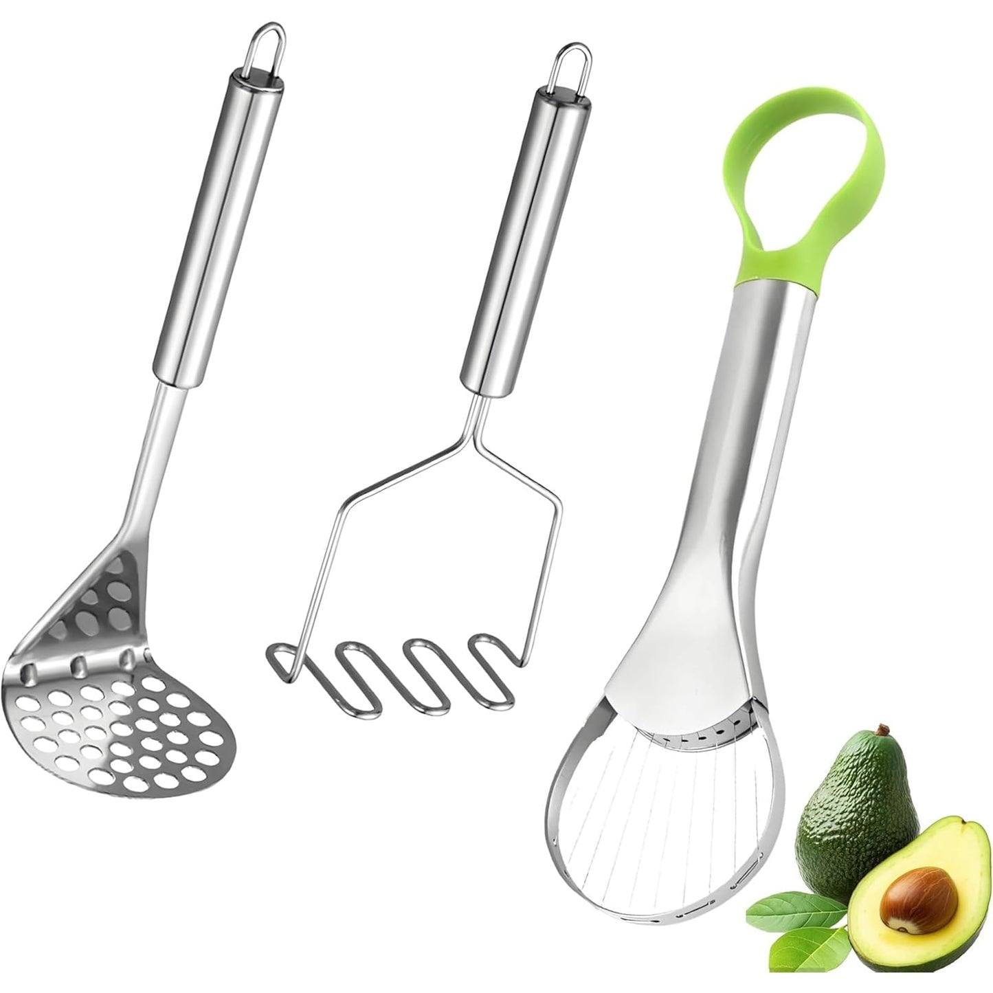 3-in-1 Avocado Slicer Tool,Stainless Steel Avocado Cutter with 2pcs Potato Masher- Multi-Function Avocado Tool for Slicing,Scooping Pit Removal Kitchen Too