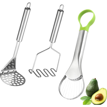 3-in-1 Avocado Slicer Tool,Stainless Steel Avocado Cutter with 2pcs Potato Masher- Multi-Function Avocado Tool for Slicing,Scooping Pit Removal Kitchen Too
