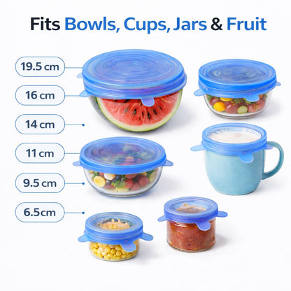 IZEM Premium Reusable Silicone Stretch Lids Set – 12 Pack (6 Round Blue + 6 Rectangle White) BPA-Free, Airtight & Leakproof Bowl Covers + 500ml Silicone Bag, Funnel & Brush