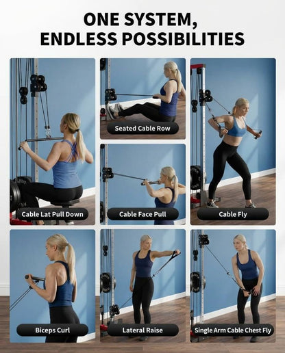 Wall Mount Cable Machine, Dual Pulley Cable Crossover & LAT Pulldown System for Home Gym with 19 Adjustable Positions, Tricep Rope, LAT Bar & Footboard, Space-Saving Garage Fitness Equipment