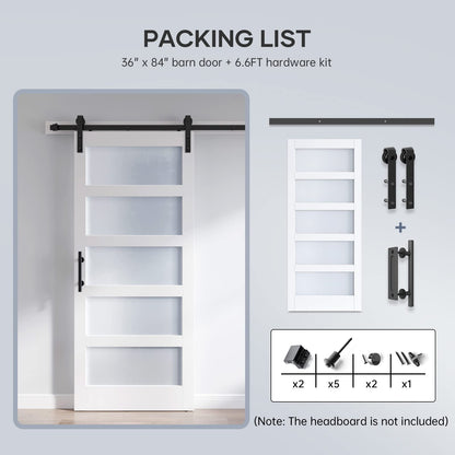 ROYMELO 36x84 Inch Glass Sliding Barn Door Slab and 6.6ft Hardware Kit Included, 5 Frosted Glass, LVL Wood Panel Covered with White Water-Proof Scratch-Proof PVC Surface, Simple DIY Assembly