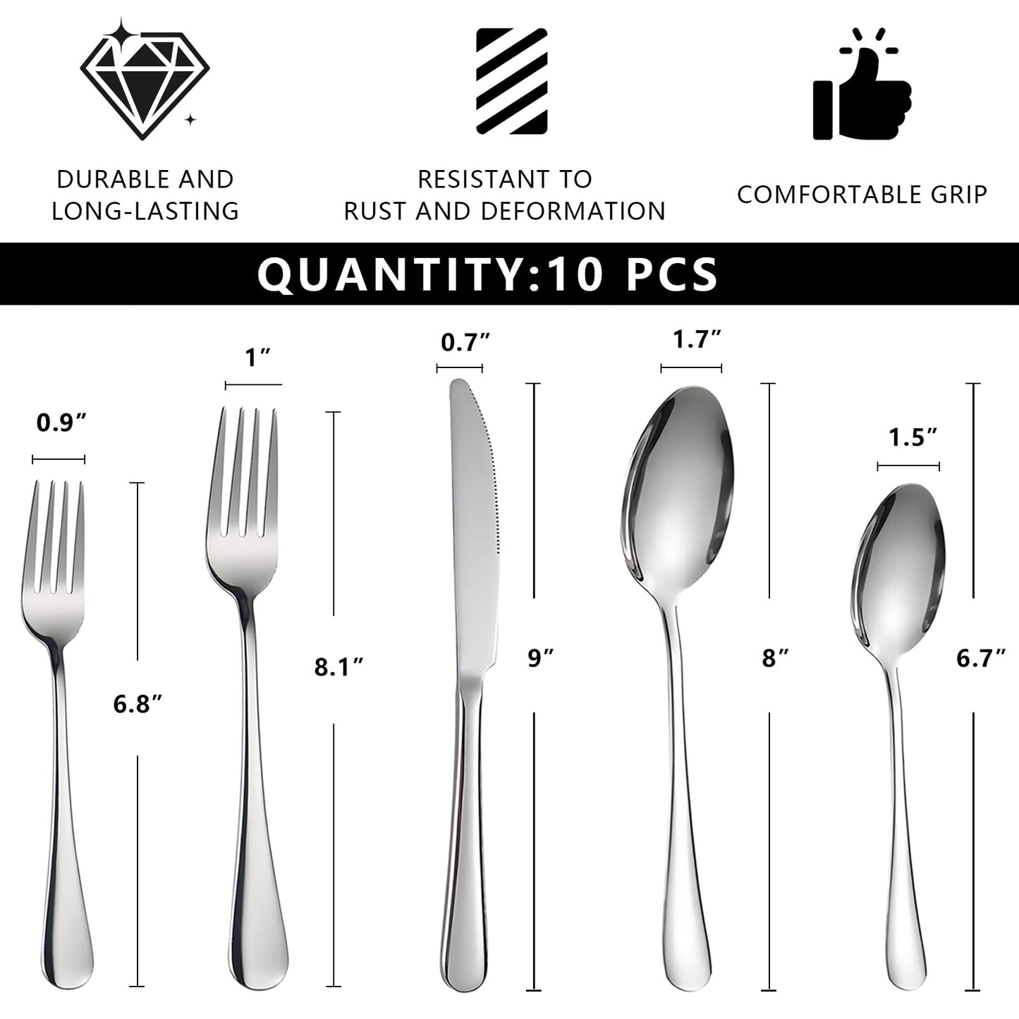 eieioo Silverware Set, Stainless Steel Cutlery Set for 2, Flatware Set Service 10 Pcs, Cutlery Utensil Sets with Knives, Spoons and Forks Sets, Mirror Polished, Dishwasher Safe (Set of 2)
