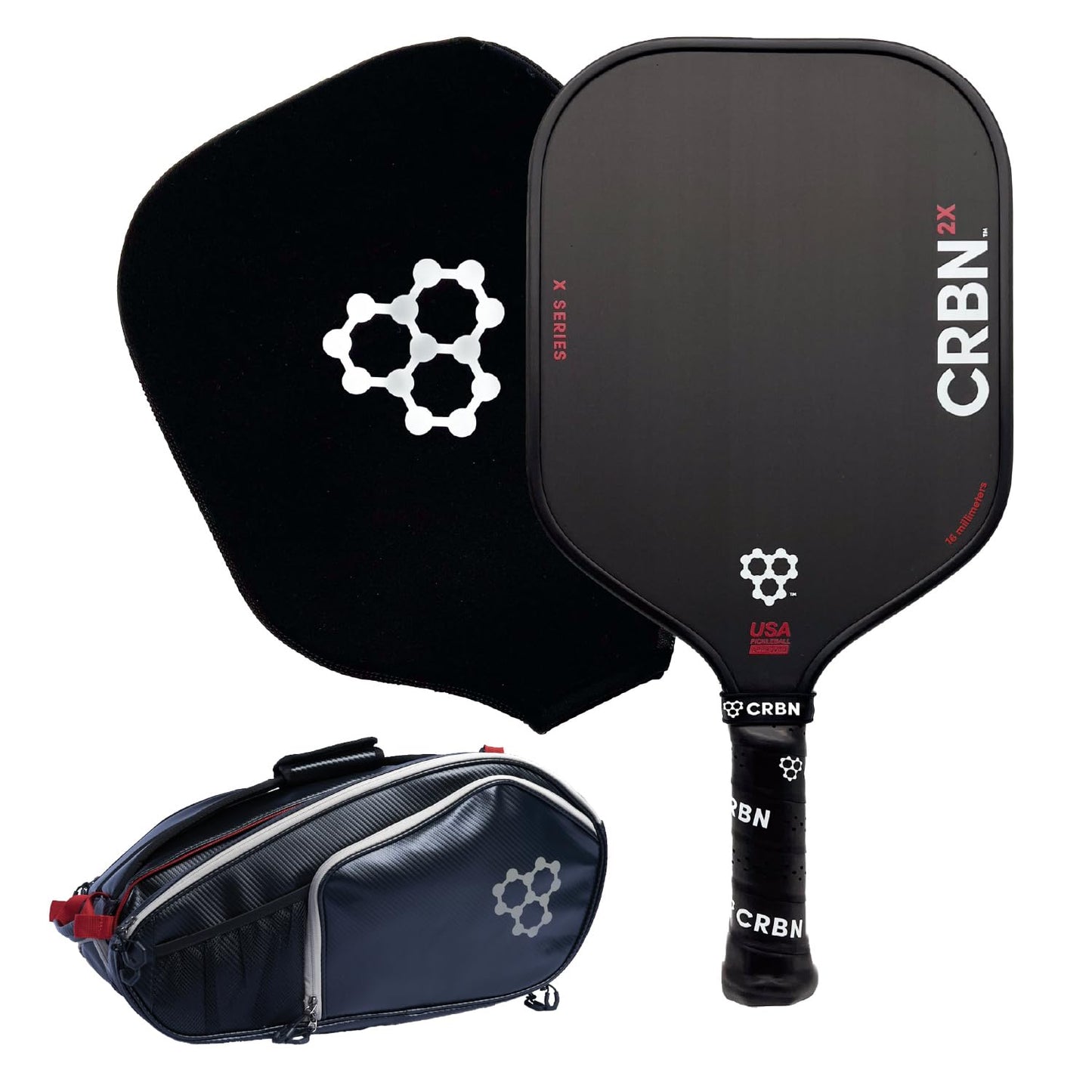 CRBN Pickleball – X Series Power Paddle (2X, 16mm) + Pro Team Tour Paddle Bag with Zip-Off Sling – Carbon Fiber Paddle & Multi-Pocket Gear Bag - - Virtual Bundle