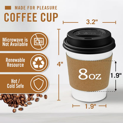 Ginkgo 100-Pack 8 oz Thickened Disposable Coffee Cups with Lids and Sleeves, To Go Cups for Hot Beverages, Perfect for Hot Coffee, Cocoa, and Chocolate