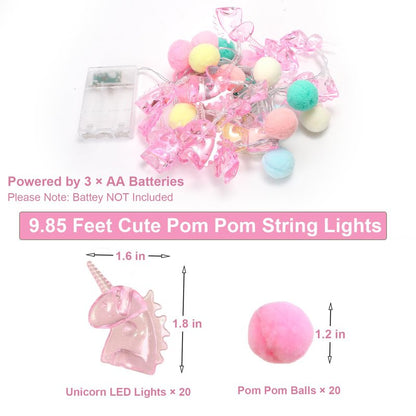 9.85FT Unicorn String Lights Cute Pom Poms Fairy LED String Lights Battery Operated with Timer Decor Lights for Kids Bedroom Birthday Party Kids Playhouse Wedding Valentine's Day Christmas Decorations
