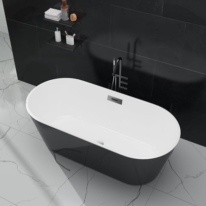 Freestanding Bathtub 59 inch Black and White Acrylic Soaking Tub with Chrome Drain and Overflow, Modern Spa Bath for Bathroom Renovation and Relaxing Home Use