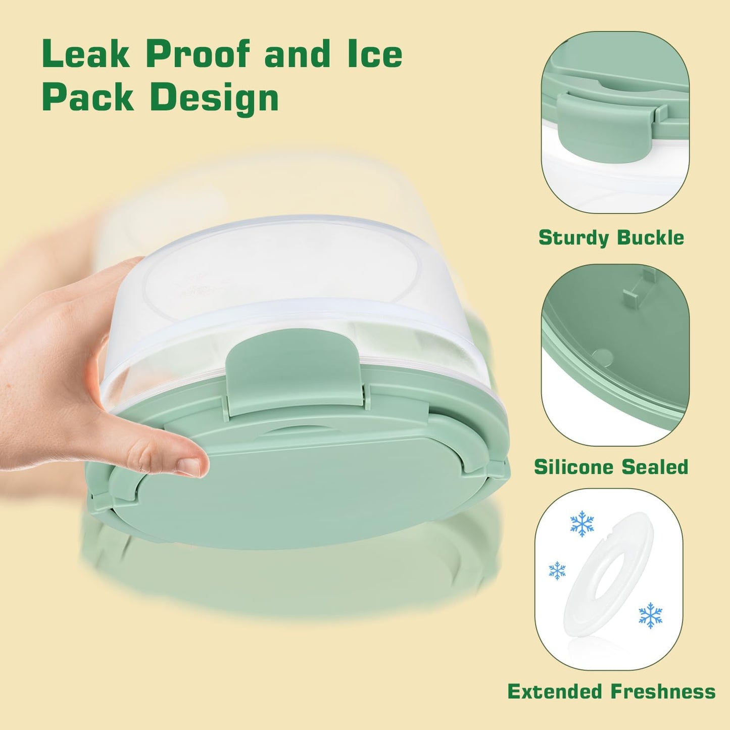Reeple Salad Container for Lunch, Bento Lunch Box 58-oz with 4 Compartments Tray and Ice Pack, Leak-Proof Salad Bowl with Lid for Adults, BPA-Free Lunch Box for Meal Prep & Food Storage(Green)