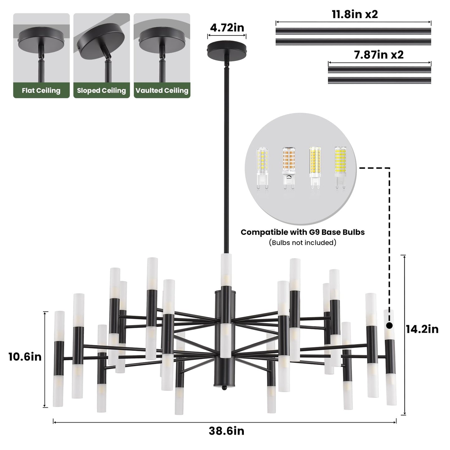 Povectolay Black Modern Chandelier 40-Light, Large Farmhouse Round Candle Chandeliers with Acrylic Shades, 38.6" Dining Room Light Fixture for High Ceilings, Living Room, Foyer, Entryway, G9 Base