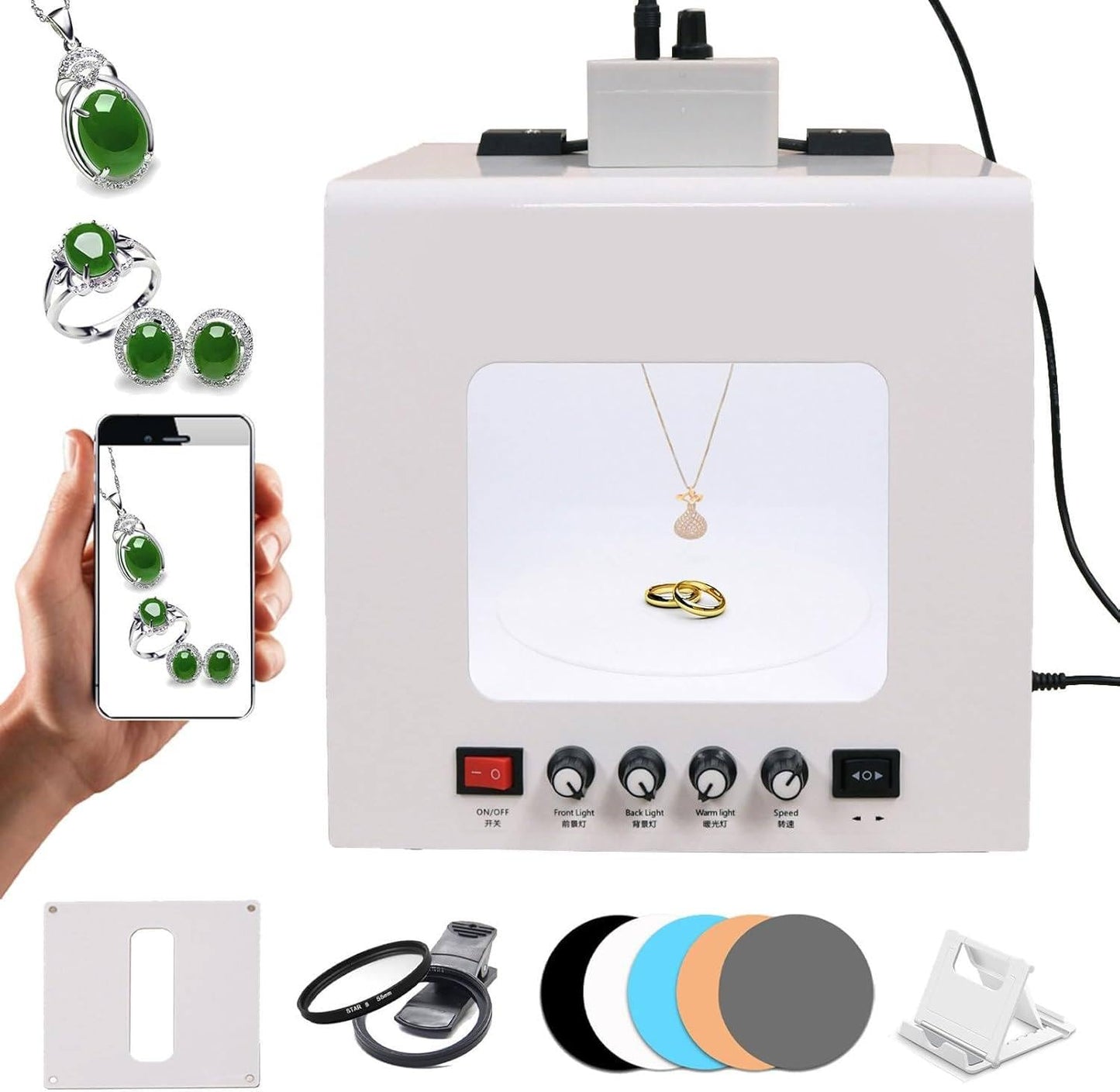 ZIXIAOS Jewelry Photography Light Box Kit with 360° Electric Rotating Feature, 4PCS Fill Lights-Adjustable Brightness,Mini Photo Studio Softbox,Support Jewelry Hanging or Placing 20cm