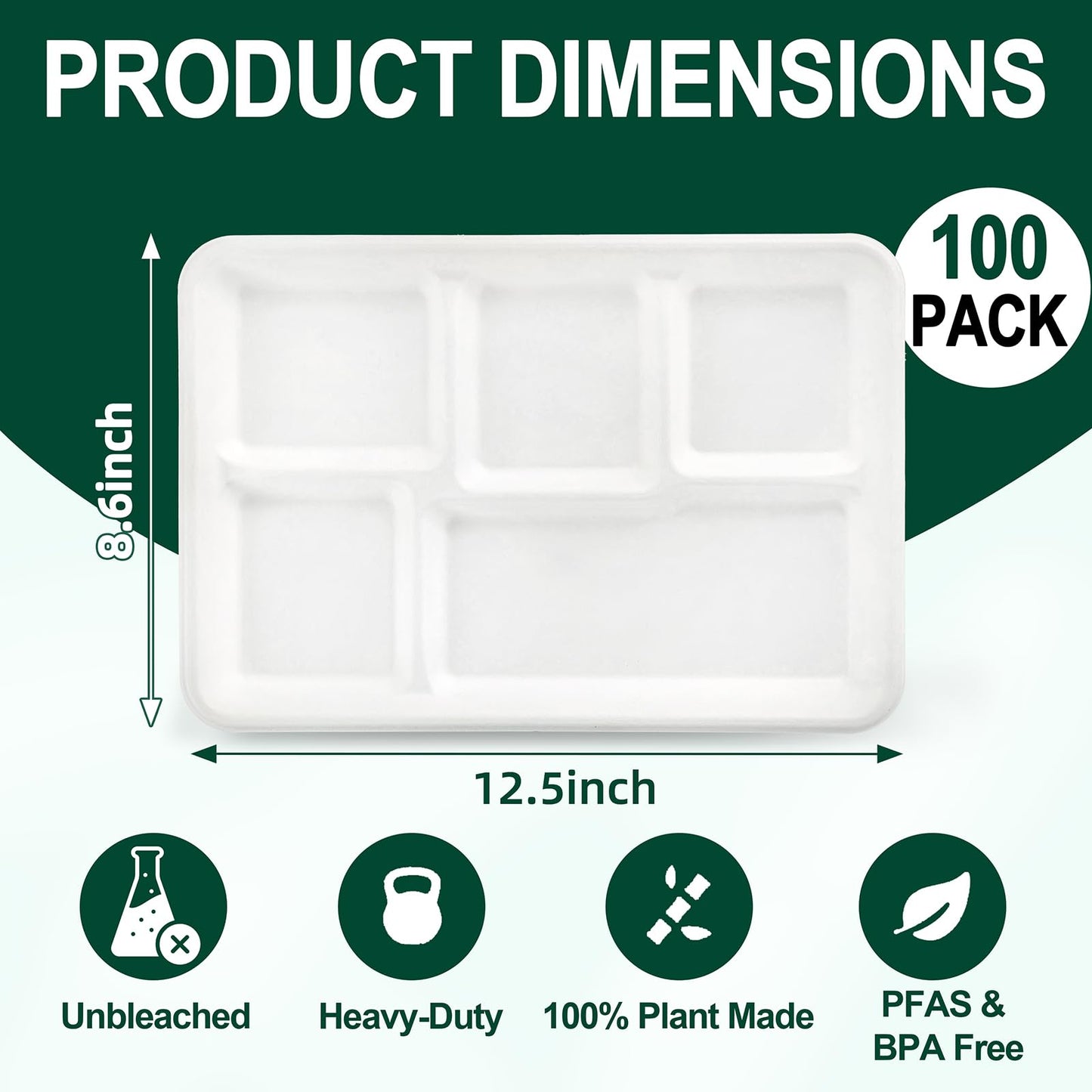 Tinybee 100% Compostable 5 Compartment Paper Plates 12.5 * 8.6 Inch [100-Pack] Large Heavy Duty Divided Disposable Eco-Friendly Bagasse Plates Lunch Trays for Buffet/Party/School (BPI-Certified) White