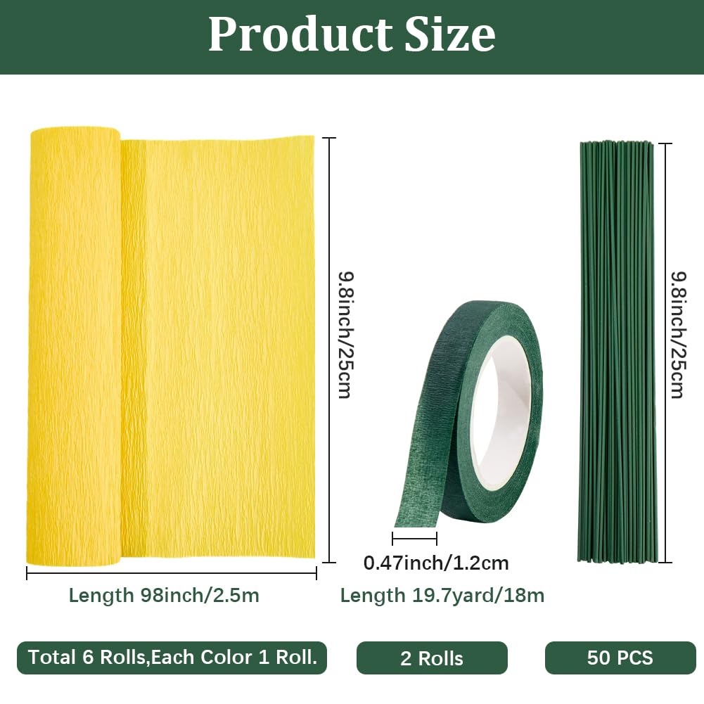 CRASPIRE 58Pcs Crepe Paper Flower DIY Kits Colourful Paper Crepe Paper Sheets 36M Green Tape 50Pcs Floral Iron Wire for Wedding Birthday Holiday Party Decor(9.84inx8.2ft/Roll)