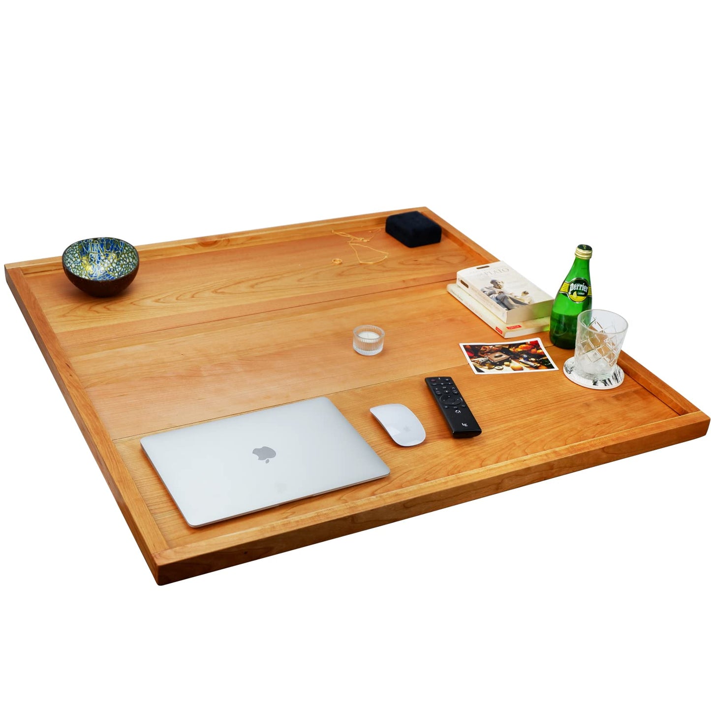 MAGIGO 36 x 36 Inches Extra Large Square Cherry Wood Ottoman Tray with Handles, Serve Tea, Coffee Classic 3 Feet Wooden Decorative Serving Tray