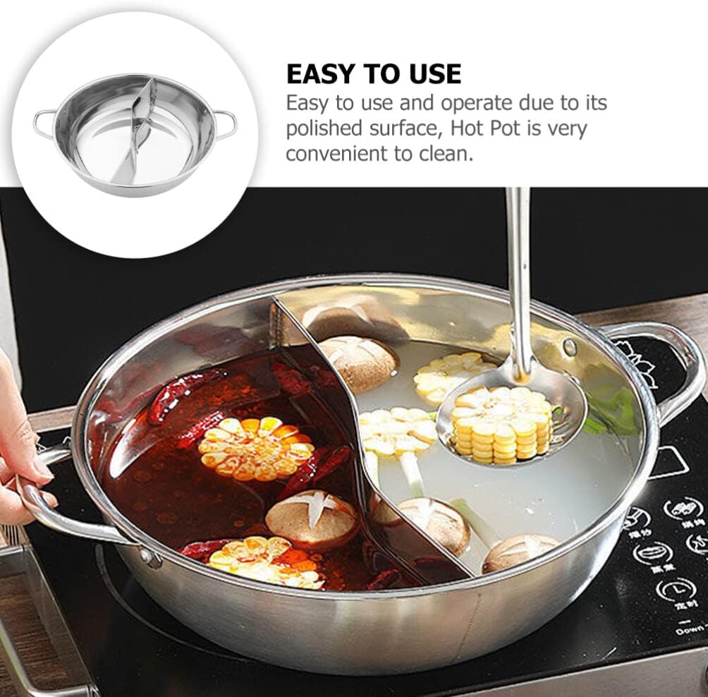 UPKOCH Stainless Steel Pot with Divider, Weldless Hot Pot for Two-flavor Soup, Shabu Shabu Pot, Induction Cookware, 28cm