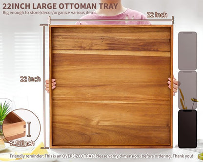 Extra Large Square Wood Tray, Generously 22" Acacia Serving Trays for Large Ottoman Coffee Table, Giant Square Shape Sofa Tray with Handles, Kitchen Organizer Storage Trays Huge Counter Serveware