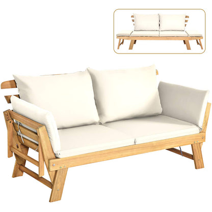 Tangkula Convertible Acacia Wood Patio Couch Sofa Bed with Adjustable Armrest, Outdoor Daybed with Cushion & Pillows, Outside Folding Futon Sofa Couch Bench for Porch, Courtyard, Poolside & Garden