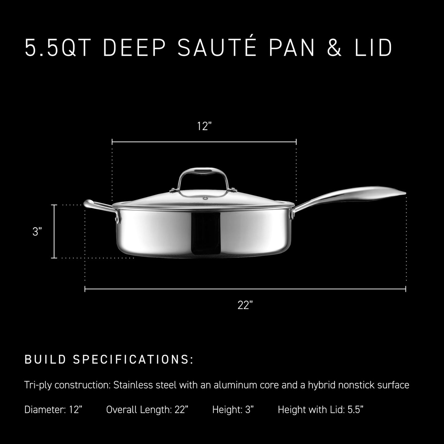 HexClad Hybrid Nonstick 5.5-Quart Deep Sauté Pan with Tempered Glass Lid, Stay-Cool Handle, Dishwasher-Friendly, Oven-Safe Up to 900°F, Induction Ready, Compatible with All Cooktops
