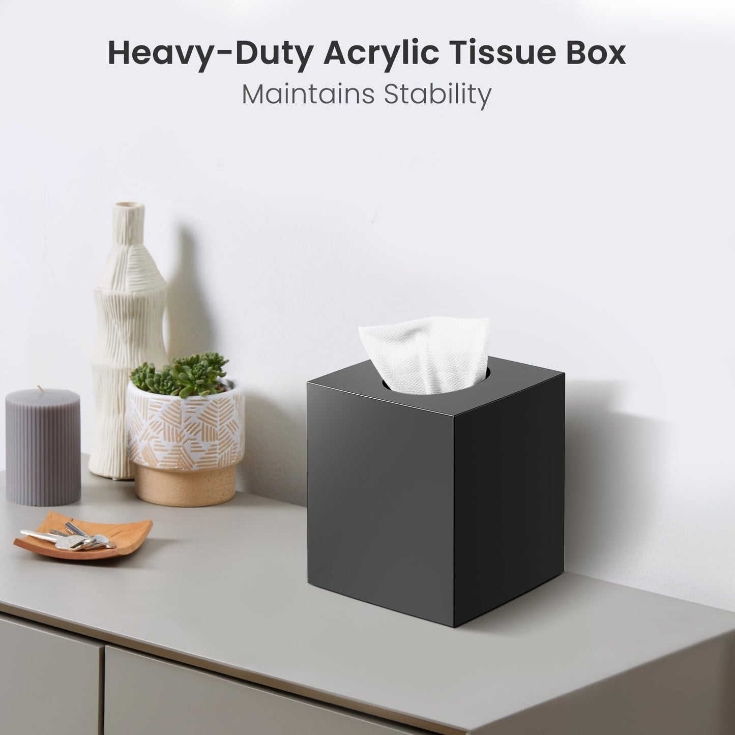 Tissue Box Cover, Square Modern Facial Acrylic Tissue Holder Napkin Dispenser Accessories for Bathroom Vanity Countertop,Bedroom Dresser,Night Stand,Desk,Office (Black)