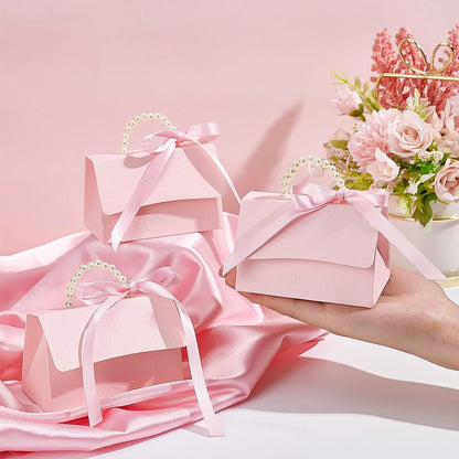 BENECREAT 16Set Wedding Favors Box DIY Set, Pink Kraft Paper Box with Pearl Handle, Ribbons, Stickers, Gift Boxes for Birthday, Party Favor, Boutique, Wedding and Anniversary