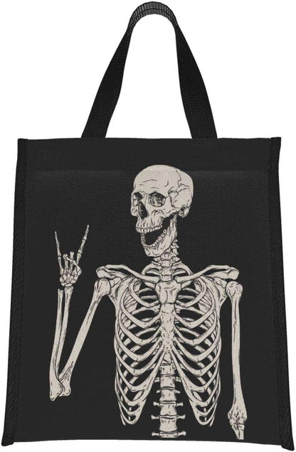 Ouqiuwa Cute Reusable Lunch Bag, Lunch Tote Handbag for Women Men, Rock and Roll Skeleton