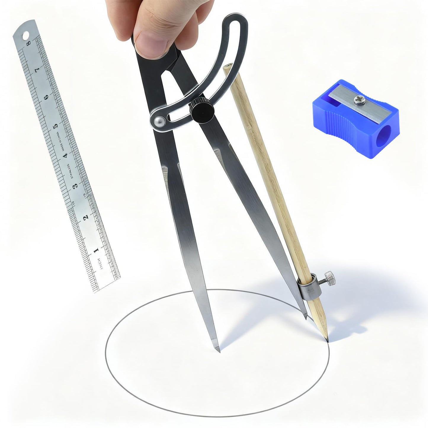 Kintuph 8-Inch Professional Woodworking Compass with Wing & Pencil Holder — Includes 8" Ruler and Pencil Sharpener Perfect for Accurate Circles, Layouts, and Geometric Designs