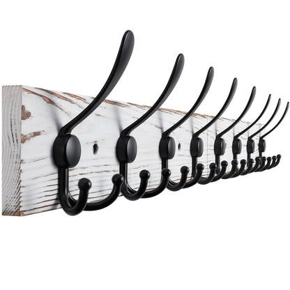 Kuhome 32.2'' Large Coat Rack Wall Mount Coat Hooks with 8 Metal Black Triple-Hooks Old White Pine Real Wood Plank Hat Rack for Wall Hooks