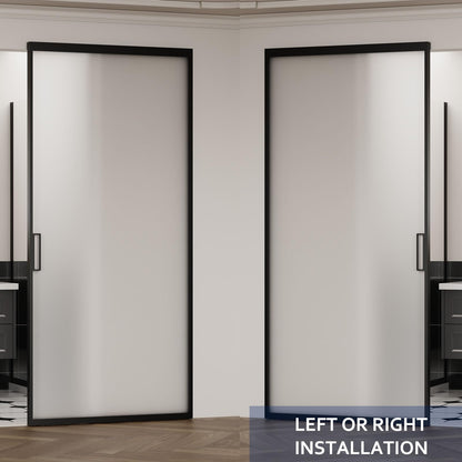 40" x 87" Frosted Glass Barn Door, Concealed Sliding Barn Door with Soft Close, Waterproof Modern Sliding Door for Bathroom/Kitchen Privacy, 5/16"(8mm) Tempered Glass, Fits 28"-36"W x 72"-85"H, Black