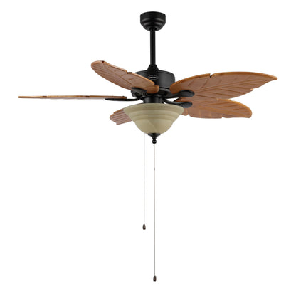 JONATHAN Y 52" Light Brown Coastal Bohemian Palm Leaf LED Ceiling Fan, 3-Light Rustic Wood Blades with Pull Chain for Living Room, Frosted Glass Shade, LED Bulbs Included (JYL9720C)