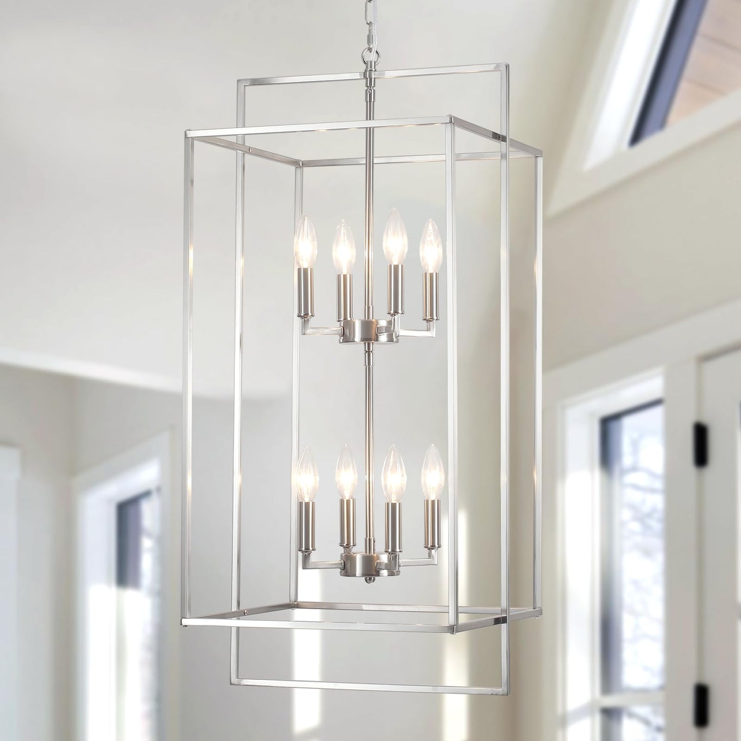 QAREHL High Ceiling Chandeliers for Foyer Brushed Nickel Chandelier for Entryway Modern Farmhouse 15.74’’ in Metal 8 Light Lantern Tiered Pendant Light for Dining Room Kitchen Island Hallway Stairway