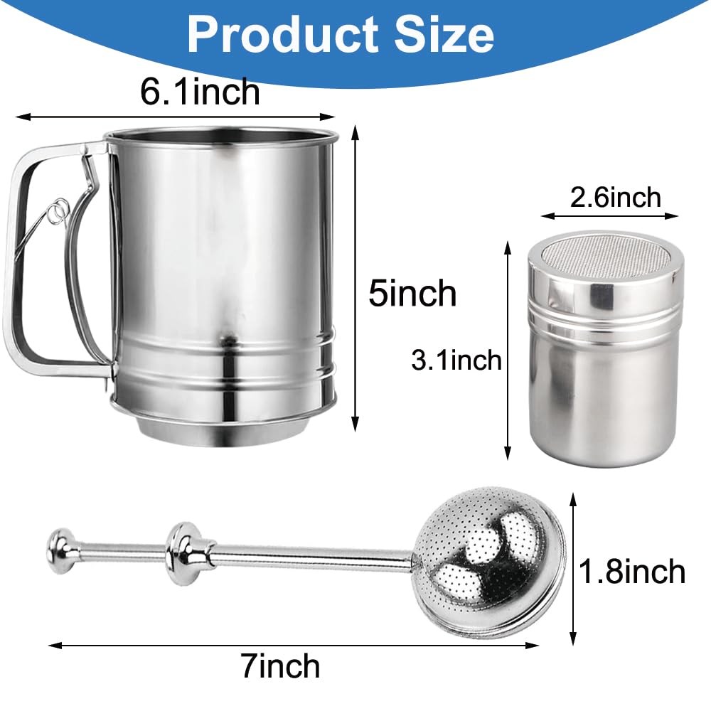 Flour Sifter Stainless Steel 3 Double Layer Fine Mesh Sifter Flour Strainer 3 in1 Sifters for Baking, Powdered Sugar Shaker Duster for Baking Cakes, Pastries, Pies, Cupcakes