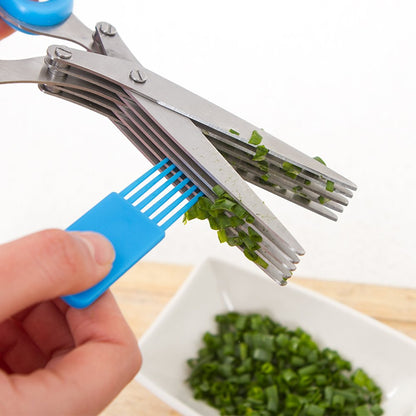 SourceTon 5-Blade Herb Scissors 2 Pack - Heavy Duty Kitchen Shears with Cleaning Brush, Multipurpose Stainless Steel Scissors for Cooking, Crafting, Gift (Ergonomic Left/Right Hand Design)