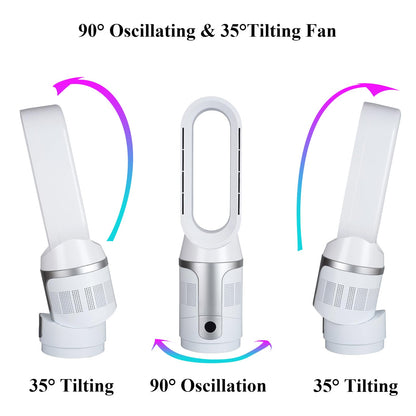 Voagupa Bladeless Tower Fan and Air Purifier, True H13 HEPA Filter, 90° Oscillating Bladeless Fan with Remote and Touch control, 9H Timer, Floor Fans for Bedroom Home Office Use, Silver White