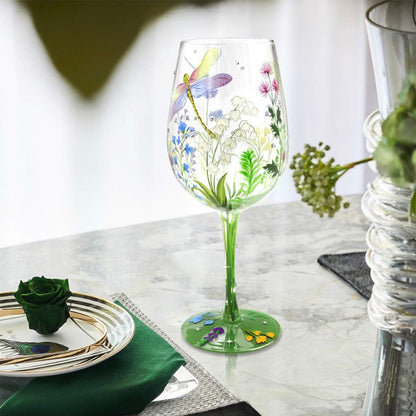 NymphFable Hand Painted 15 oz Wine Glass, Colorful Dragonfly Flower Artisan Gift for Birthdays, Weddings, Valentine's