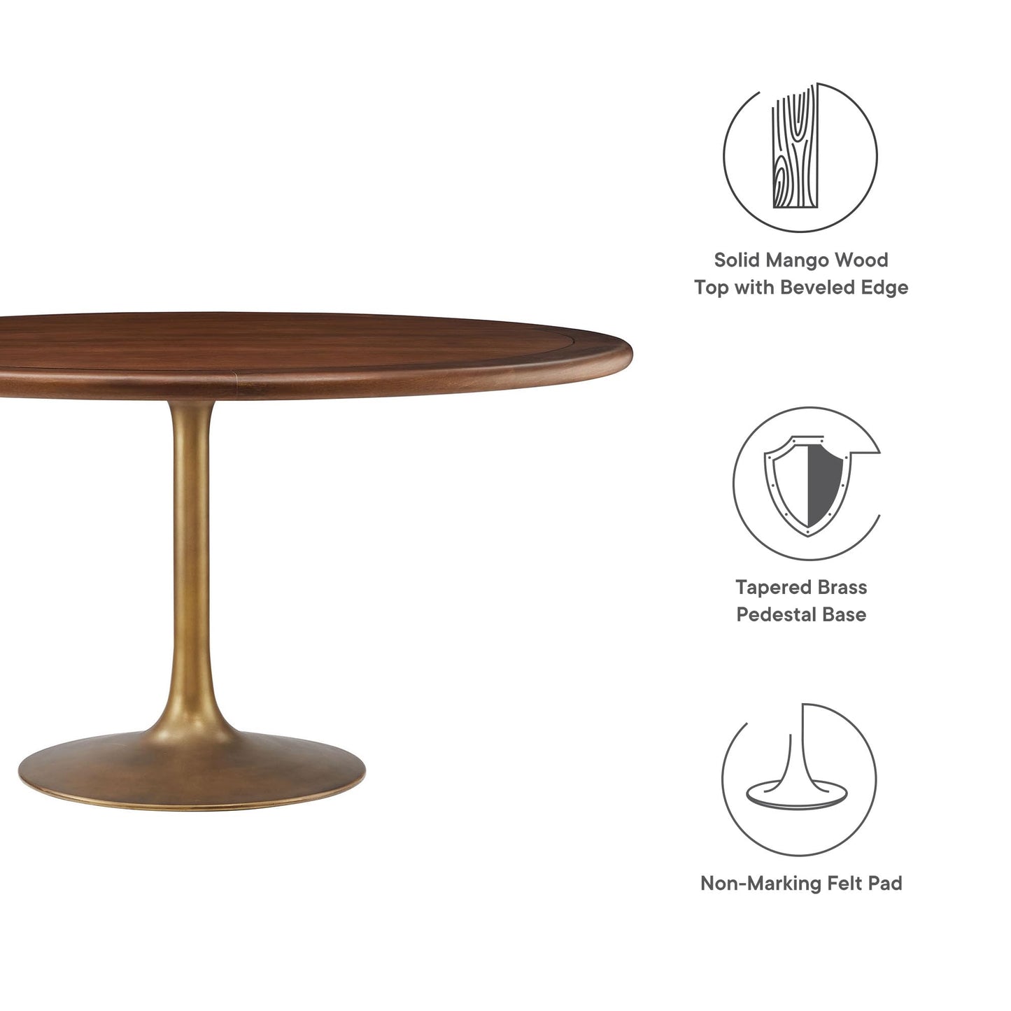 Modway Lippa 60 Inch Round Wood Dining Table with Metal Pedestal in Brass Walnut - Modern Industrial Dining Table for 6 People - Solid Wood Tulip Kitchen Table