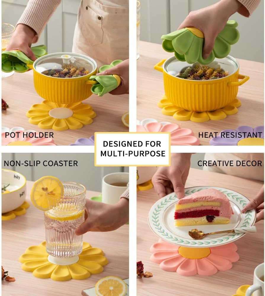 Daisy Trivet for Hot Pots and Dishes, 6.7 Inch Round Flexible Silicone Hot Pads, Heat Resistant Mat