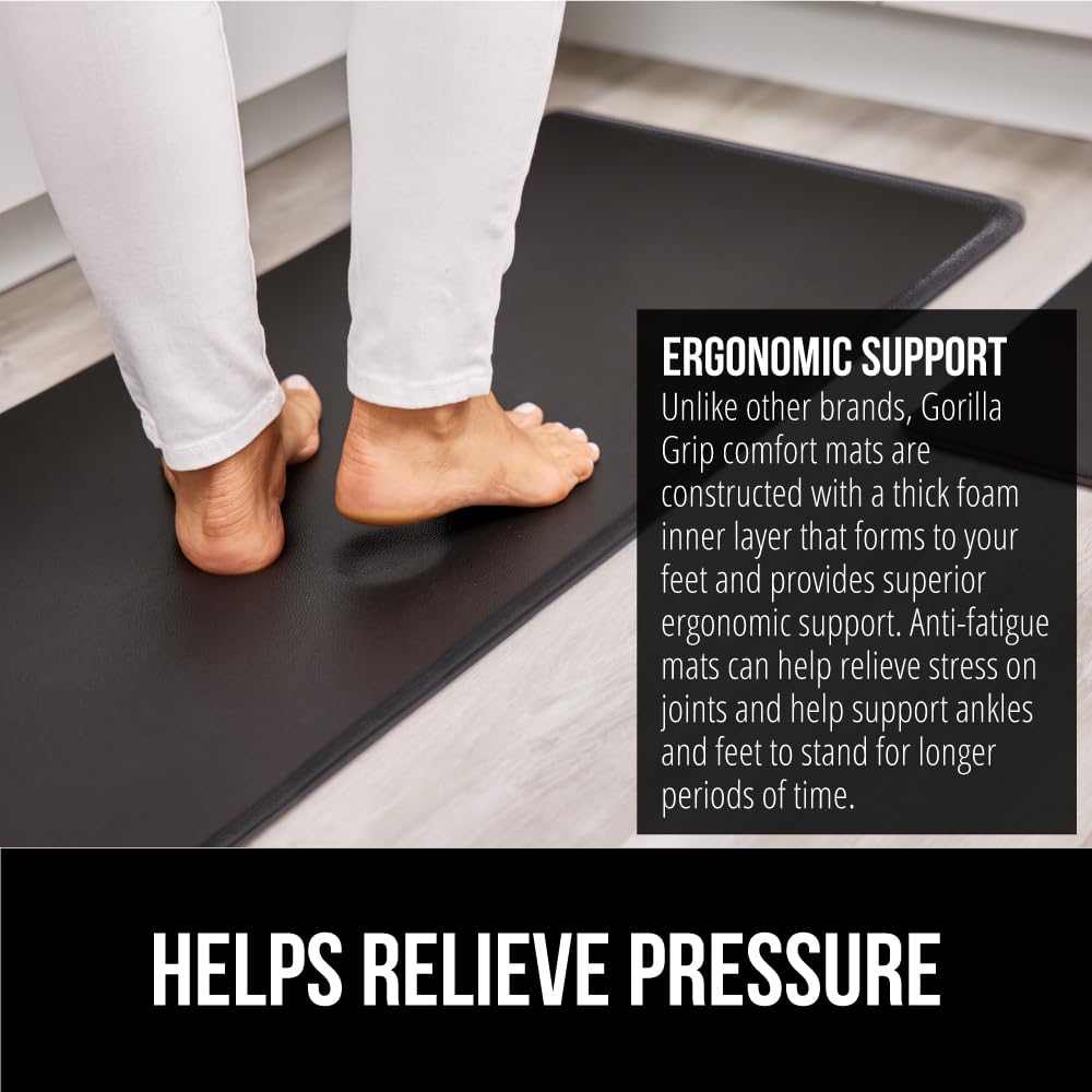 GORILLA GRIP 2 Pack Comfortable Cushioned Kitchen Mats for Floor, 17x24 + 17x48, Waterproof and Stain Resistant, 1/2 Inch Thick Soft Ergonomic Standing Desk Anti Fatigue Mat, Foam Supports Feet, Black