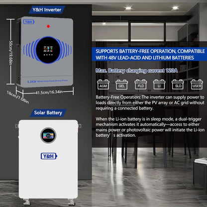 Y&H 4.2KW Hybrid Solar Inverter DC24V to AC220V, Built-in 120A MPPT, 6200W 27A PV Input, Batteryless Operation, Dual AC Load Output, Offline Firmware Upgrade,for Home On/Off Grid Energy Storage System