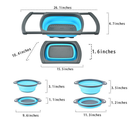 CdyBox New Version 11Pack Silicone Kitchen Strainer Collapsible Colander with Foldable Silicone Measuring Spoon Measuring Cup Kitchen Good Tools (Blue) 9.6 * 1.1