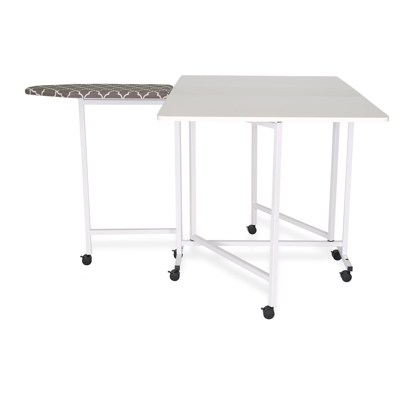 Arrow Millie Folding Cutting Table with Ironing Board – Sewing & Craft Workstation with Storage Shelves