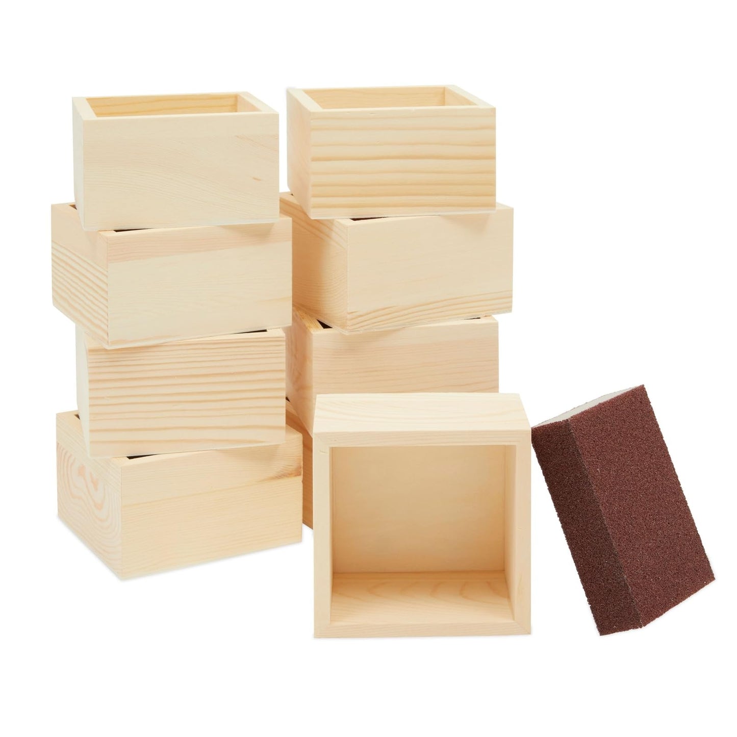 Bright Creations Centerpieces - 10 Unfinished Pine Mini Wood Crates 4 x 4 x 2.3 In & Sanding Sponge, Cream & Brown - DIY Craft Decor & Storage Display