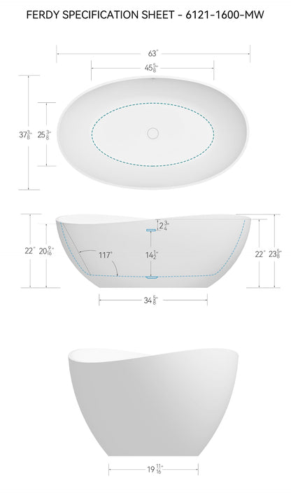 FerdY Lamu 63" Stone Resin Freestanding Bathtub, Gracefully Shaped Freestanding Bathtub, Solid Surface Soaking Tub, Matte White, cUPC Certified, Pop-up Drain and Integrated Slotted Overflow