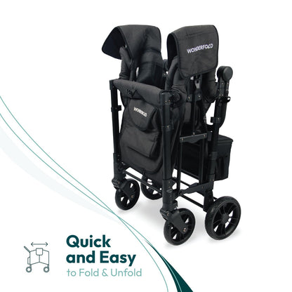 WonderFold W2 Elite Stroller Wagon - Foldable Wagon with Steel Frame - Adjustable Canopy & Push Handle - All-Terrain Wheels - for Babies, Toddlers & Kids - 2 Seater - Jet Black