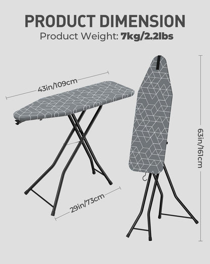 LyriFine Ironing Board, 2-in-1 Ironing and Steaming Board, Sturdy Steel Frame Iron Board with Non-Slip Feet, Heat Resistant Cover Iron Board, Foldable Compact Ironing Board with Hook, 14″ x 43″ Gray