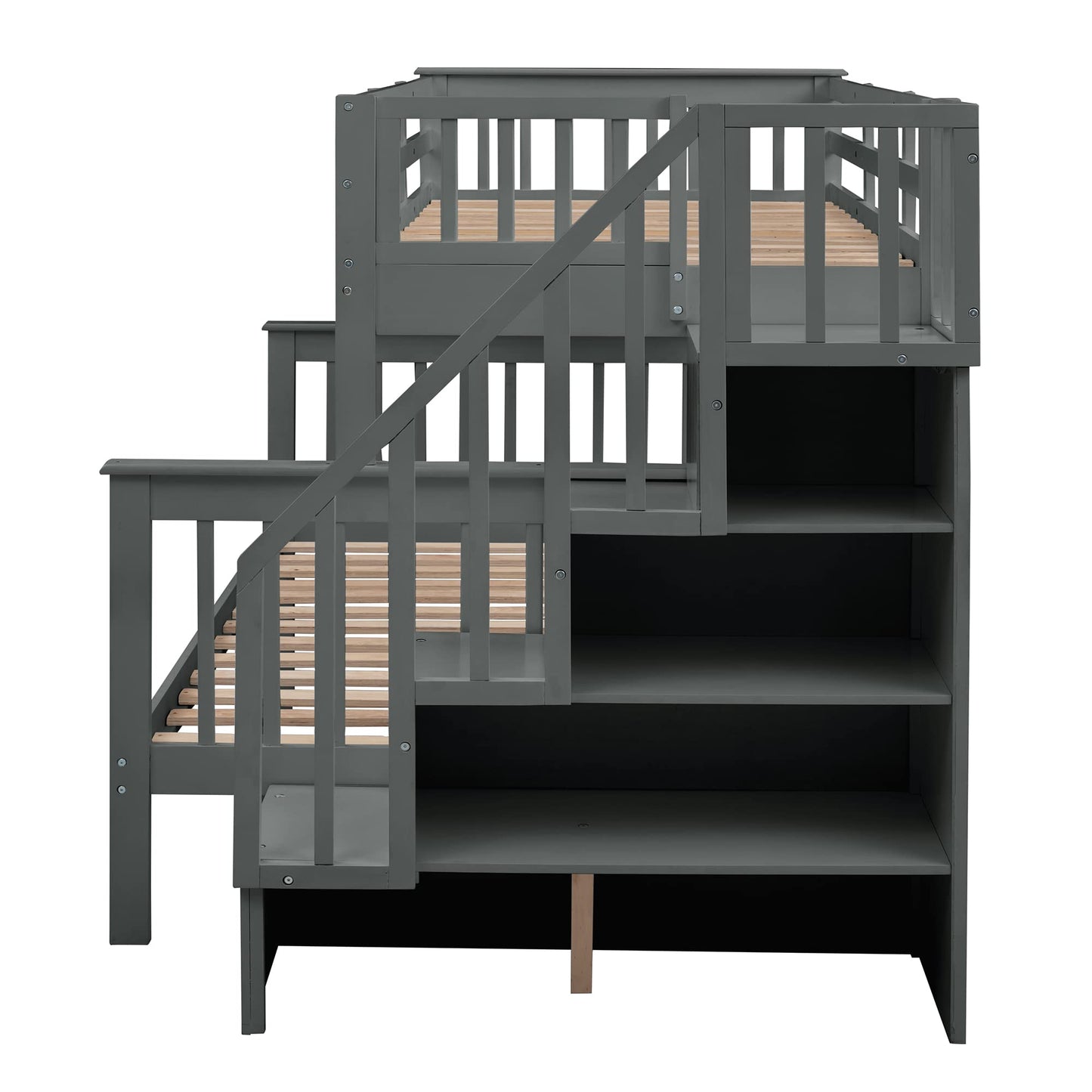 Stairway Bunk Beds Twin Over Full with 4-Step Stairs and Under-Step Storage Shelves, Gray