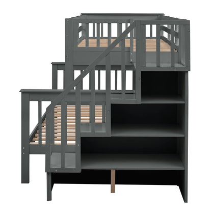 Stairway Bunk Beds Twin Over Full with 4-Step Stairs and Under-Step Storage Shelves, Gray