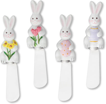 Easter Bunny Cheese Spreaders, Set of 4, Hand-Painted Resin Handles with Stainless Steel Blades