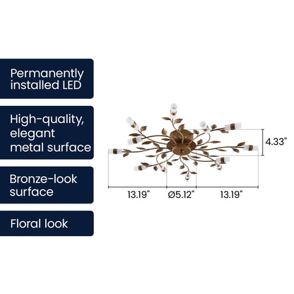 Lucande 31.5" Rustic Floral Ceiling Chandelier, 12-Light LED, Bronze Finish Close to Ceiling Light Fixture for Bedroom Living Room Dining Room Entryway, Warm White 3000K, Shallow Height
